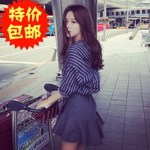 2018 mùa xuân và mùa hè mới hoang dã dài tay lỏng sọc dọc v- cổ áo sơ mi nữ bat tay áo han fan hâm mộ áo sơ mi thủy triều