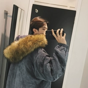 Mùa đông vài dày bông áo người đàn ông Hàn Quốc phần dài cổ áo lông thú lớn trùm đầu bông áo khoác xu hướng áo khoác bông màu rắn áo khoác