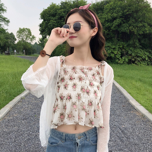 Mùa hè ăn mặc của phụ nữ Hàn Quốc phiên bản của nhỏ tươi Mỏng hoang dã mỏng ngắn voan hoa sling bên ngoài mặc vest + khăn choàng shop thời trang nữ