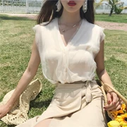 2018 mùa hè mới thời trang Hàn Quốc lưới khâu V-cổ đơn ngực không tay áo len áo sơ mi nữ