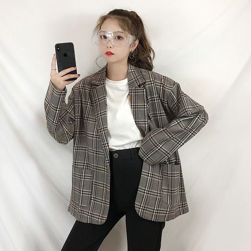 Summer women's wear Korean version of thin, loose-fitting, slim checked suit, long-sleeved casual cardigan jacket students