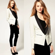 Mới phong cách châu Âu và Mỹ mùa xuân nhỏ Tây trang trí cơ thể tay áo dài màu đen và trắng phù hợp với áo khoác nữ phù hợp với một nút quần áo đường phố của phụ nữ - Business Suit