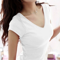 Летняя футболка с коротким рукавом, белый хлопковый лонгслив, большой размер, V-образный вырез, в корейском стиле