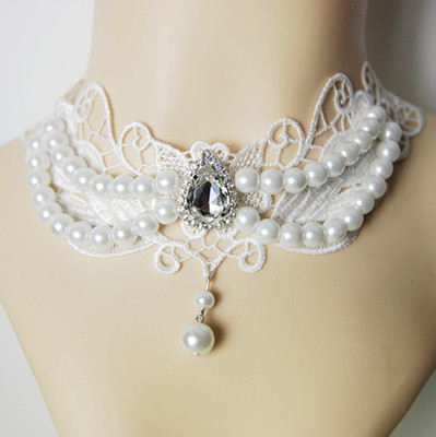 taobao agent White necklace from pearl, false collar, retro chain for key bag 