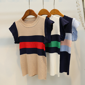 2018 mùa xuân và mùa hè mới Hàn Quốc phiên bản của mỏng giảm béo hoang dã ngắn tay T-Shirt sọc áo len nữ sinh viên đáy áo sơ mi