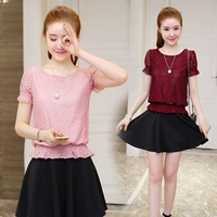 Mùa hè size lớn quần short nữ để đóng chiếc áo sơ mi ren ngắn tay áo thun nữ áo voan ngắn - Áo sơ mi chiffon ren áo sơ mi họa tiết nữ