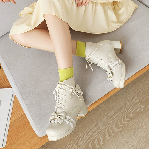 Martens, оригинальные милые флисовые туфли для принцессы с бантиком на платформе на высоком каблуке, короткие сапоги, стиль Лолита