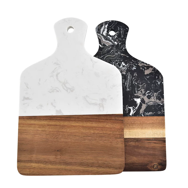 Square handle from natural wood, marble cutting board