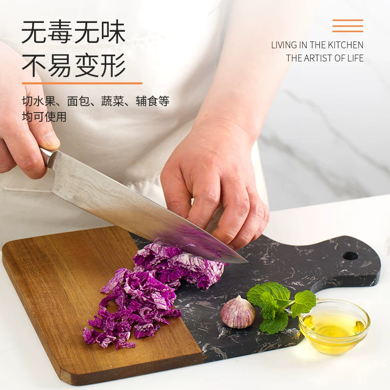 Square handle from natural wood, marble cutting board