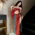 Đồ chơi cosplay retro phong cách Trung Hoa Hanfu màu đỏ gợi cảm Halterneck treo hở lưng Bộ đồ ngủ trong suốt váy phù hợp với