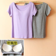 Với ngực pad có thể được mặc bên ngoài nhà quần áo bông mùa hè nữ cổ tròn ngắn tay T-Shirt đồ ngủ thể thao yoga miễn phí bra top