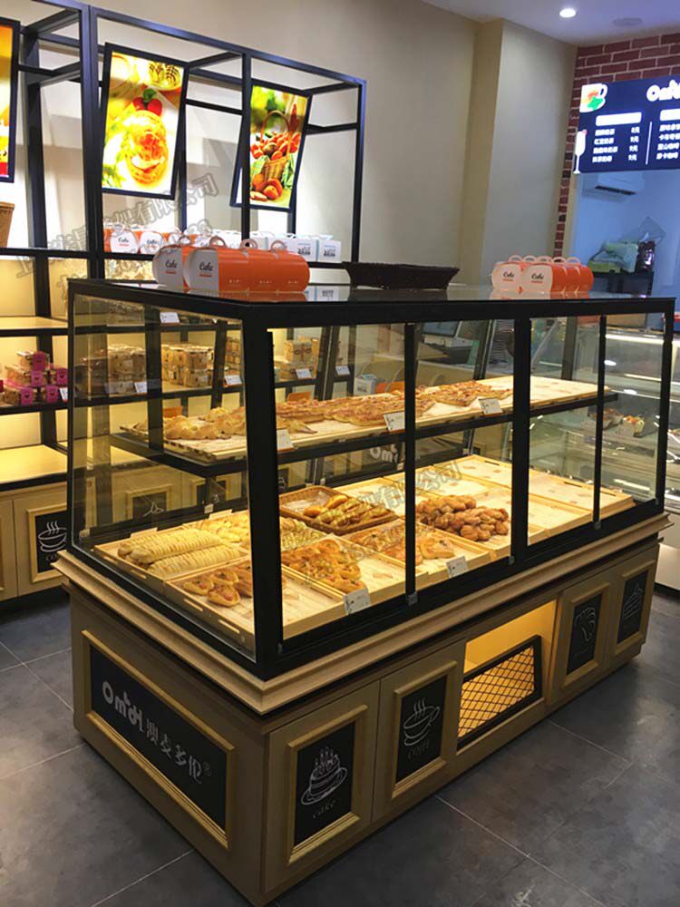 新款铁艺实木面包柜面包展示柜台玻璃货架边岛中岛柜蛋糕模型柜台