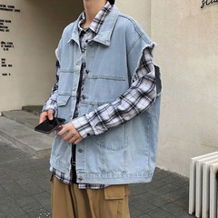 牛仔夾克男春秋潮牌個性網紅寬鬆港風潮流ins潮工裝外套坎肩馬甲