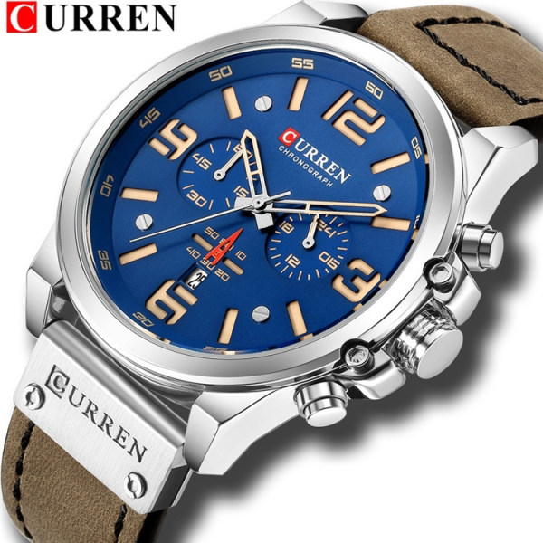 Brown belt sapphire blue face beige lettering