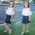 Quần áo trẻ em nữ hè 2019 trẻ em mới lớn xù áo cotton vai lệch vai Áo thun trẻ em Hàn Quốc - Áo thun Áo thun