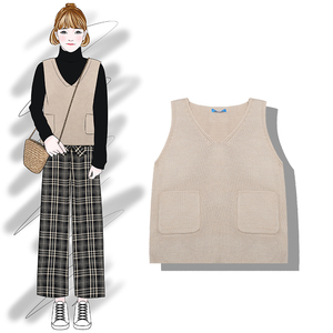 Chuối Chuối nhẹ nhàng sang trọng màu rắn V-Cổ túi đôi áo thun đan áo len nữ sinh viên đầu mùa thu mới