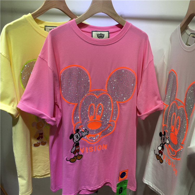 RedEuropean goods heavy industry Hot drilling T-shirt Crew neck lovely Age reduction Mickey Short sleeve Pink jacket pure cotton rhinestone T-shirt female