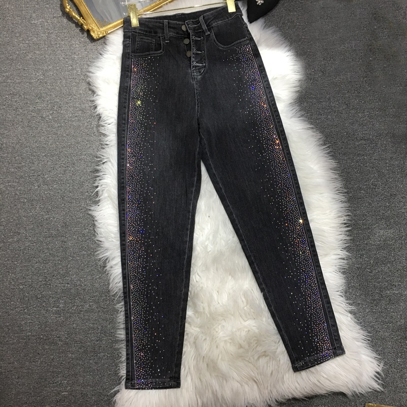 Smoky GreyEuropean goods heavy industry Jeans elastic force Smoky grey ma'am Daddy pants Hot drilling High waist Four row button Wear out Show thin trousers