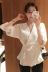 Hàn Quốc chic mùa xuân mới retro khí V-Neck nút bên trang trí eo dài tay áo blouse