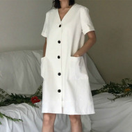Hàn quốc chic Tính Khí Retro Pháp V-Cổ Đơn Giản Hoang Dã Đơn ngực túi Lớn màu Rắn Ngắn tay đầm mẫu đầm đẹp