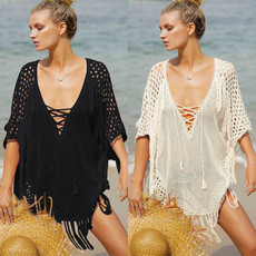 Кофты для пляжа 度假防晒白色黑色针织镂空流苏性感比基尼泳衣罩衣罩衫沙滩裙外套