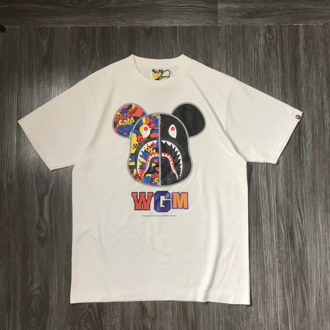 White WGMGloomy Bear jointly BAPE shark Short sleeve Embroidery Ape head men and women Couple pure cotton cylinder easy T-shirt