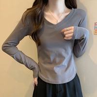 Расширенная весенняя футболка, короткий лонгслив, V-образный вырез, длинный рукав, в корейском стиле
