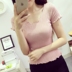 Mùa hè mới của phụ nữ phần mỏng băng lụa ngắn tay áo len V-Cổ lượn sóng bằng gỗ tai Slim đáy áo T-Shirt top áo kiểu nữ đẹp tuổi 35 Đan Cardigan