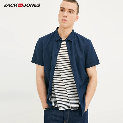 JackJones Jack Jones breathable linen màu rắn mùa xuân và mùa hè của nam giới ve áo ngắn tay áo sơ mi quần áo E | 217204520 áo sơ mi lụa nam Áo