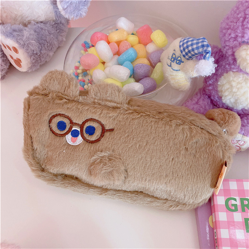 L Coffee Dudu Bear Plush Pencil Casehairy lovely Pig pig Rabbit animal modelling high-capacity Primary and middle school students Stationery Storage Pencil case Zipper bag