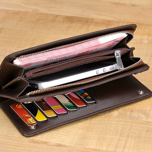 Кожаный бумажник, длинный кошелек, сумка с петлей на руку для отдыха, из натуральной кожи, воловья кожа, бизнес-версия