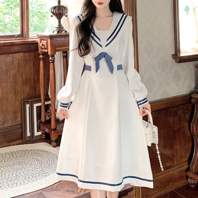 taobao agent Navy white summer solid dress with sleeves, plus size, Lolita style