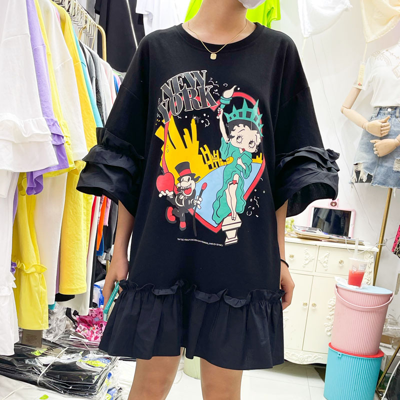 Black [Physical Wholesale]European station 2021 summer new pattern Cartoon printing Splicing Medium and long term Short sleeve T-shirt Dress jacket female ins tide