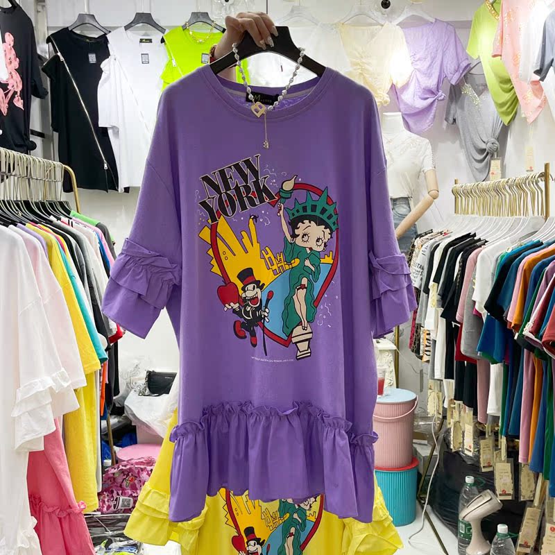 Purple [Physical Wholesale]European station 2021 summer new pattern Cartoon printing Splicing Medium and long term Short sleeve T-shirt Dress jacket female ins tide