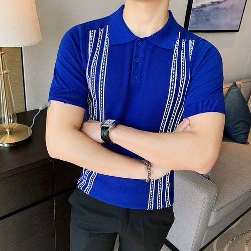 Трикотажная футболка polo, летняя тонкая шелковая трендовая рубашка, облегающий крой, в корейском стиле, короткий рукав