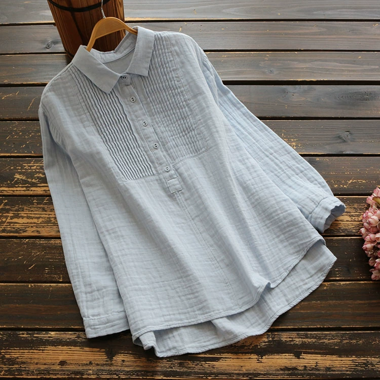 6631 mới mùa thu của phụ nữ sợi cotton đồng màu áo sơ mi lỏng lẻo Hàn Quốc giản dị đáy ve áo dài tay áo pull trên - Áo sơ mi