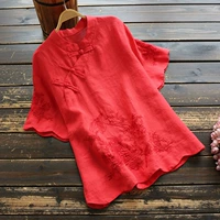 Летняя ретро однотонная мини-юбка, рубашка, китайский стиль, с вышивкой, высокий воротник