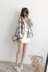 2018 Mùa Thu Retro Kẻ Sọc Giản Dị Blazer + V-Cổ Áo Lỏng Lẻo Hoodie + Không Thường Xuyên Bộ Váy Màu Trắng đồ pijama Bộ đồ