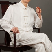 Bai Fu Long Đàn ông cao cấp Tang áo dài tay Trắng Trung Quốc cổ áo nút áo sơ mi quốc phục nam