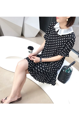 Hàn Quốc đơn đặt hàng 2018 mùa hè mới polo cổ áo màu đen và trắng điểm sóng tuổi- giảm váy xếp li váy exq263 đầm thiết kế váy đầm