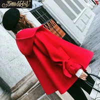 Áo choàng áo len phụ nữ mùa đông màu đỏ ulzzang Hàn Quốc ngắn trùm đầu người Anh gió áo len xu hướng áo khoác nữ 2021