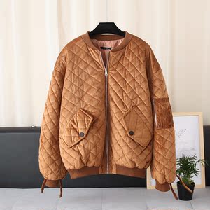 9287 vàng nhung áo khoác 2018 mới Hàn Quốc phiên bản của kẻ sọc dây kéo đứng cổ áo đồng phục bóng chày nữ lỏng lẻo hoang dã tie bông