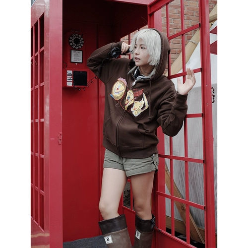 Хитрон Барроу Броун с капюшоном плюс бархатный кардиганский свитер печать Y2K Street Мужчины и женщины с длинными рукавами с длинными рукавами