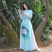 Đầu hoa phụ nữ gốc của Trung Quốc sườn xám Việt Áo cổ áo cổ áo trà Zen dance dress dài ăn mặc