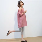 Đầm bà bầu mùa hè dài phần phiên bản Hàn Quốc của chiếc váy lệch vai bảy điểm tay áo màu đỏ thời trang lưới bà bầu váy sơ mi - Áo thai sản
