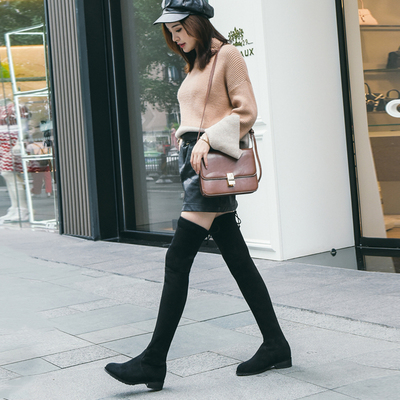 2018升级版系带弹力靴长筒靴粗跟显瘦过膝靴大腿靴女超长靴女黑色
