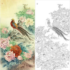 Картина 工笔画白描打印底稿锦鸡郑玲玲锦羽祥瑞66*133原大有步骤说明011z