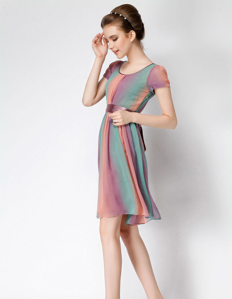 2014夏季新款 大牌真丝七色彩虹连衣裙女