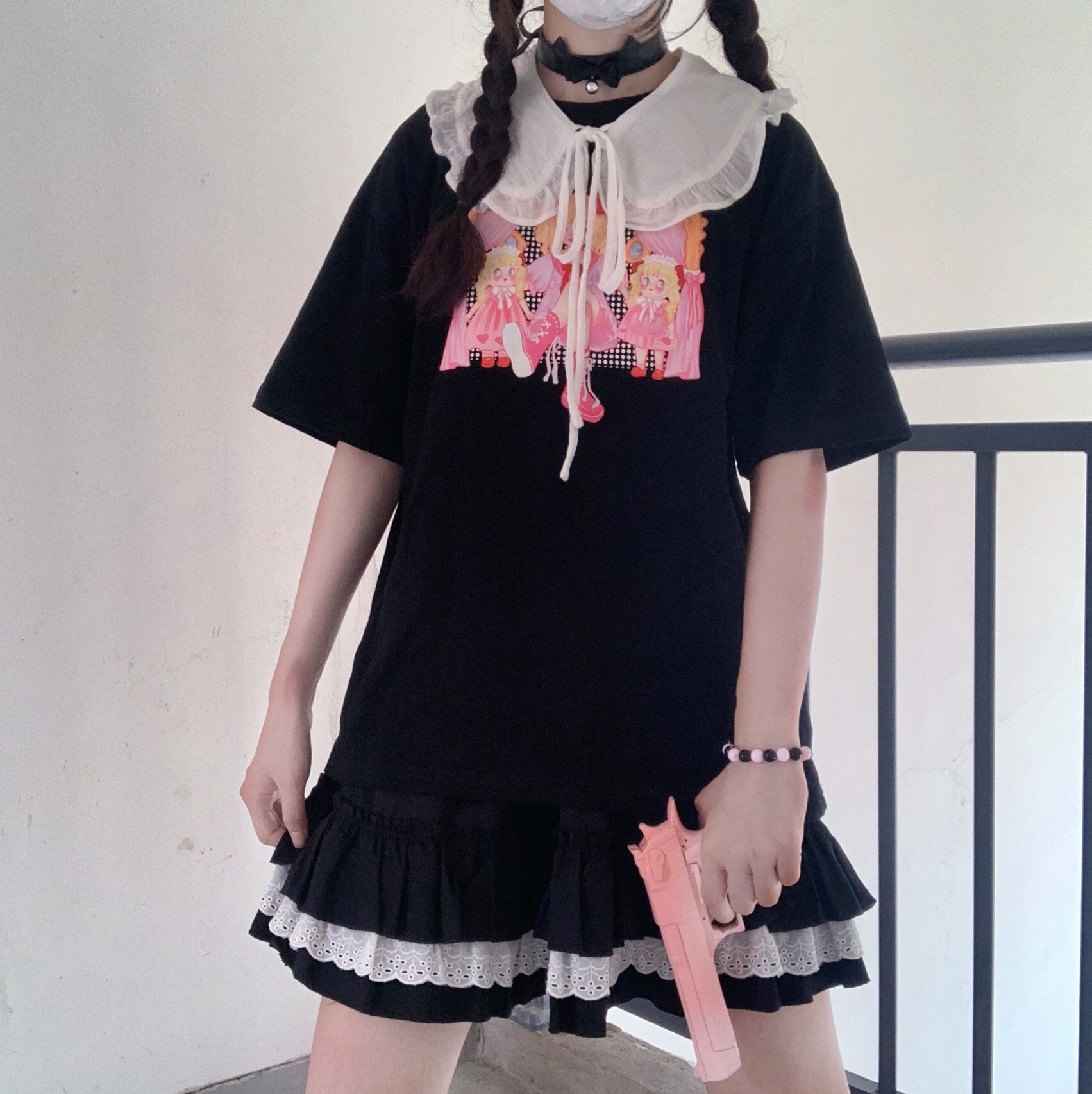 Black T-shirt + Black Skirtsolar system Soft girl lovely Harajuku Sweet cool handsome Academic atmosphere jk lattice Close your waist Show thin camisole lace skirt