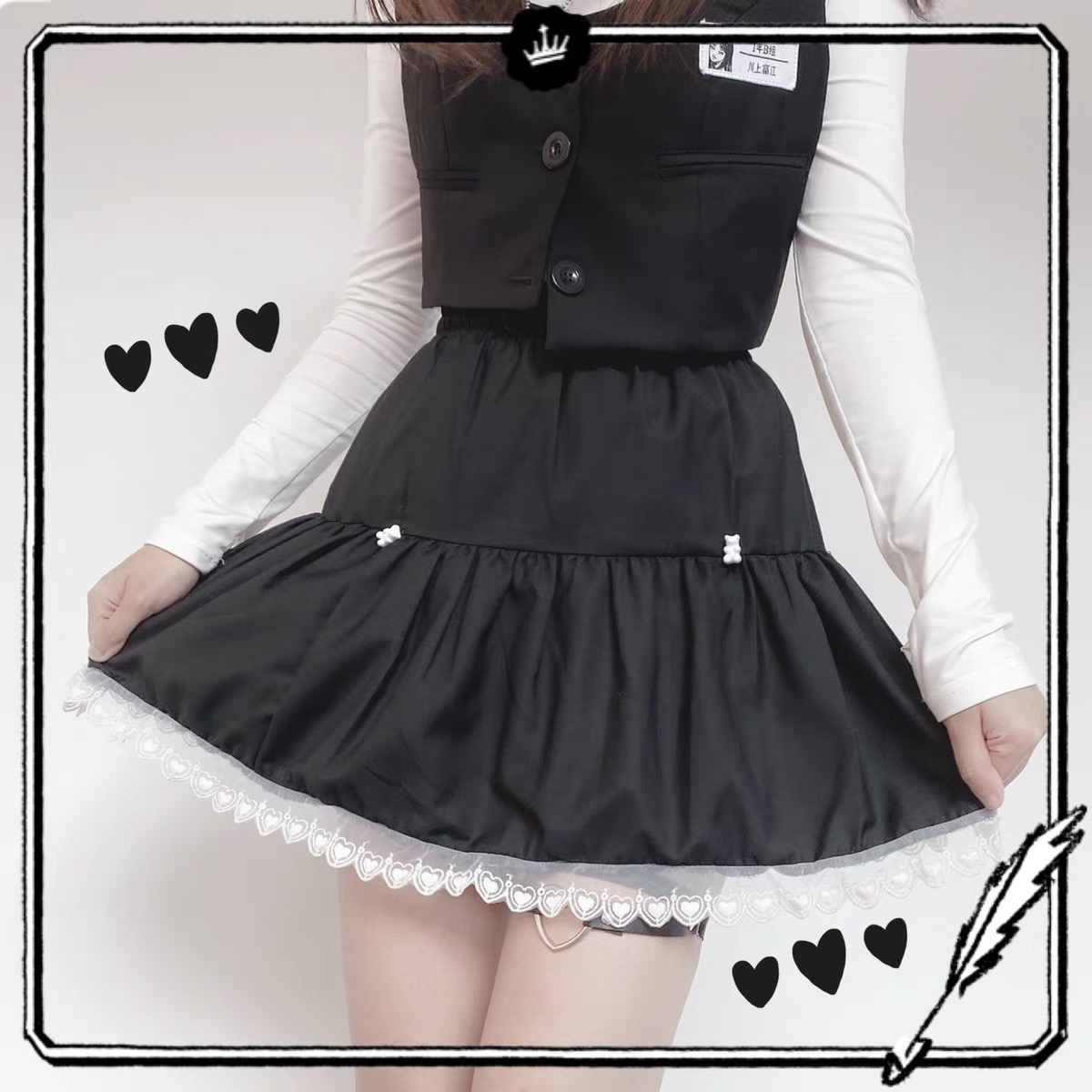 Black Inksolar system Soft girl lovely Harajuku Sweet cool handsome Academic atmosphere jk lattice Close your waist Show thin camisole lace skirt